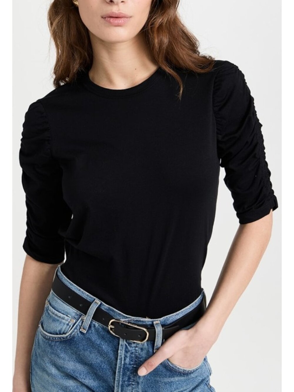 Veronica Beard Jean Waldorf Tee Black Ruched Sleeve Crew Neck Size S
